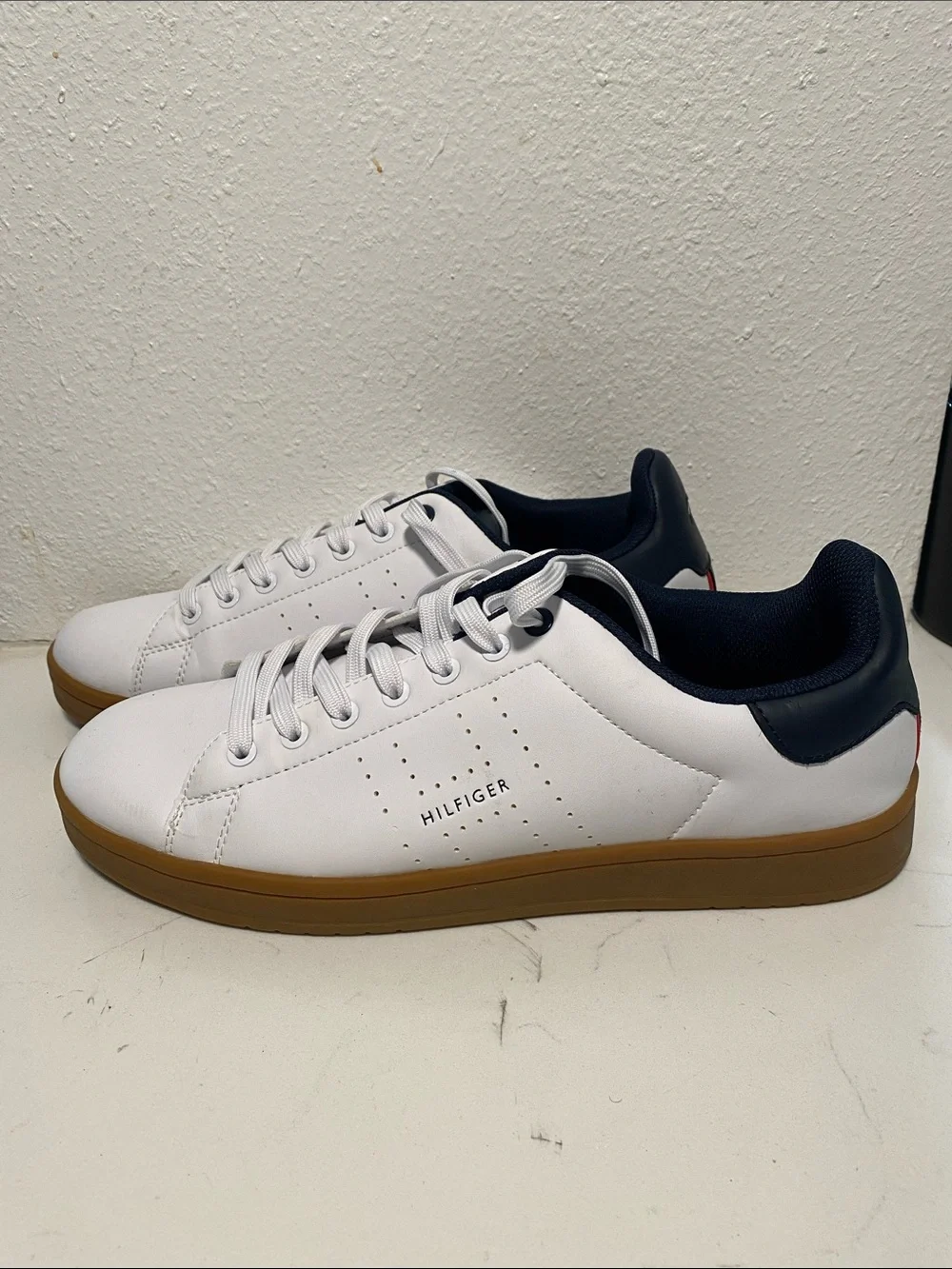 Tommy Hilfiger White Sneakers with Navy Heel and Gum Sole